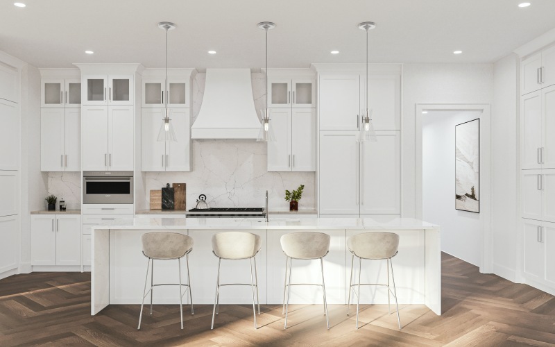 a kitchen with white cabinets and pendant lighting