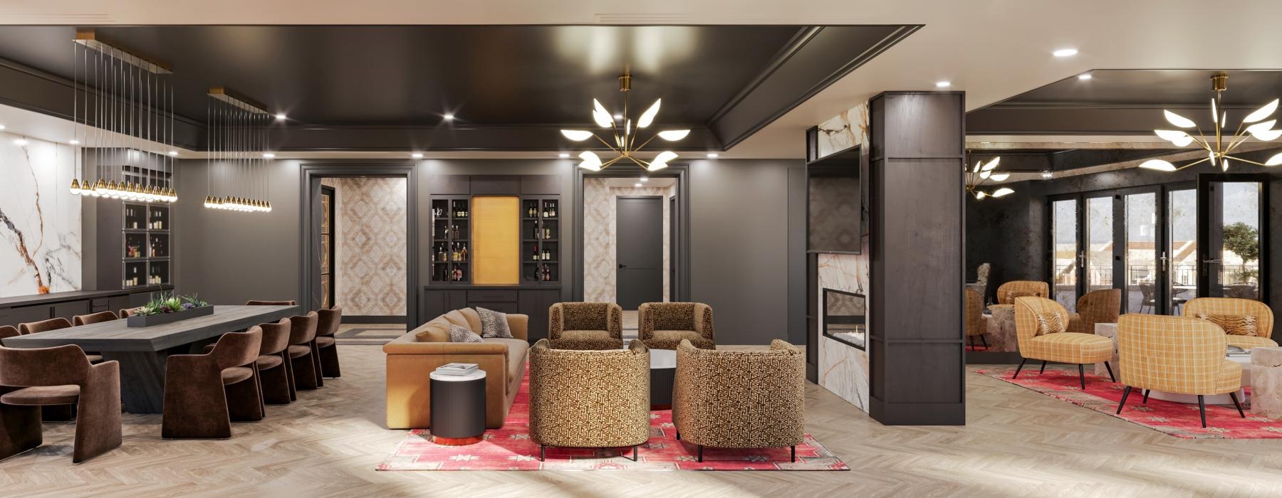 a room with a table chairs and a couch