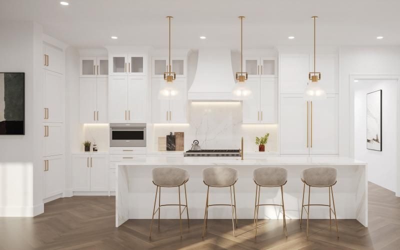 a kitchen with white cabinets and pendant lighting